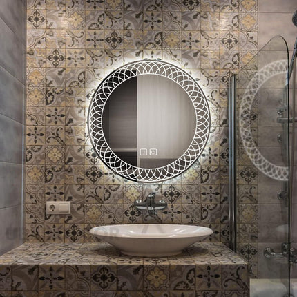 Mandala Round Mirror with LED Lights- Touch Sensor Mirror for Bathroom and Bedroom