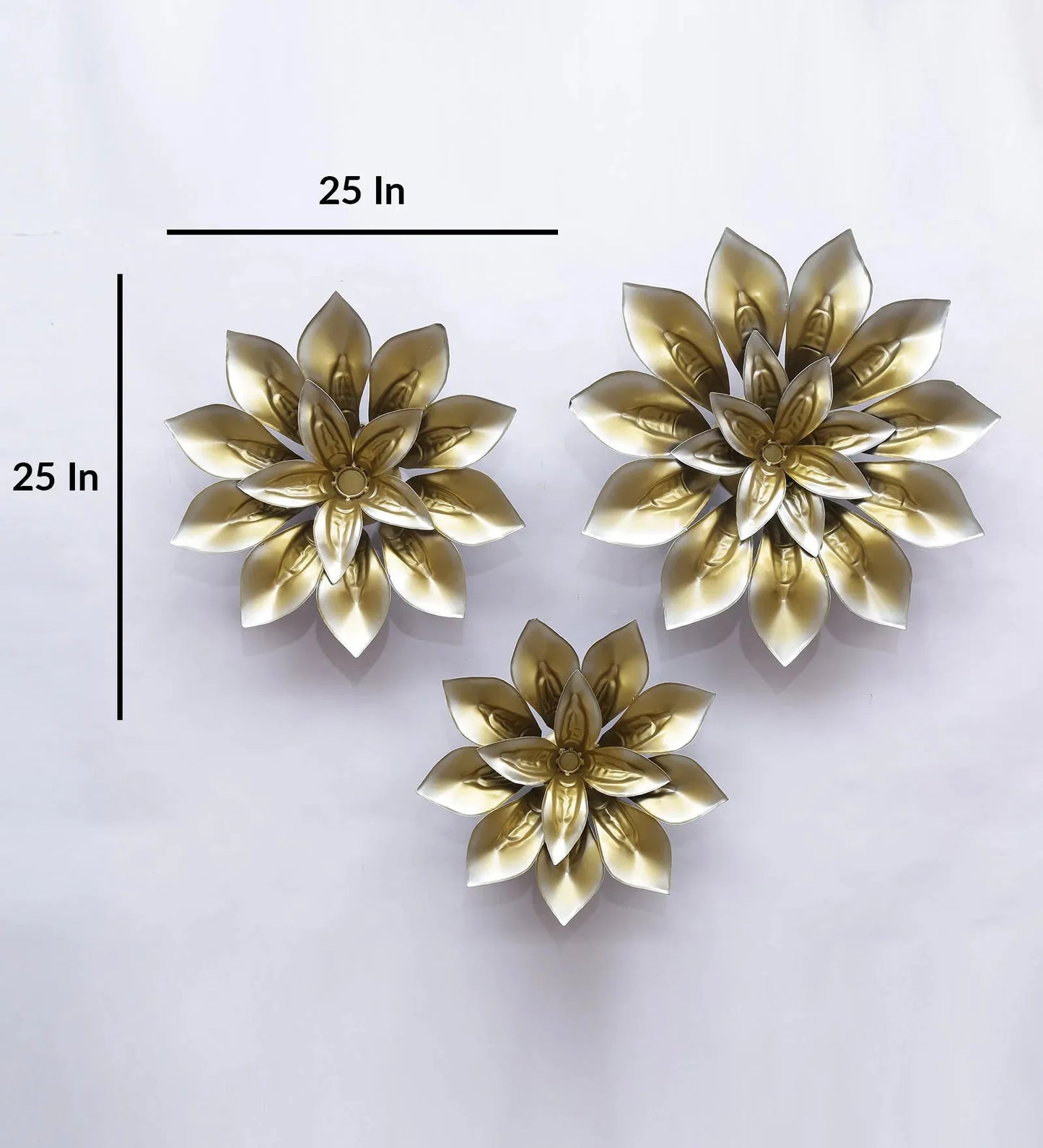 Golden 3D Metallic Flowers Metal Hanging Metal Wall Art - Set of 3