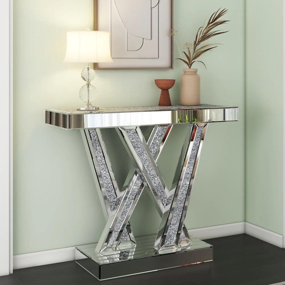 Prism Elegance- W shaped Modern Luxury Designer Diamond Glass Mirrored Console Table