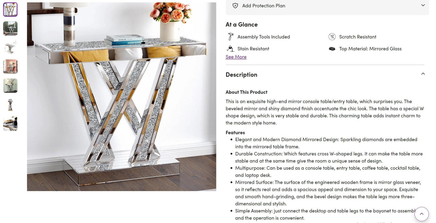 Prism Elegance- W shaped Modern Luxury Designer Diamond Glass Mirrored Console Table