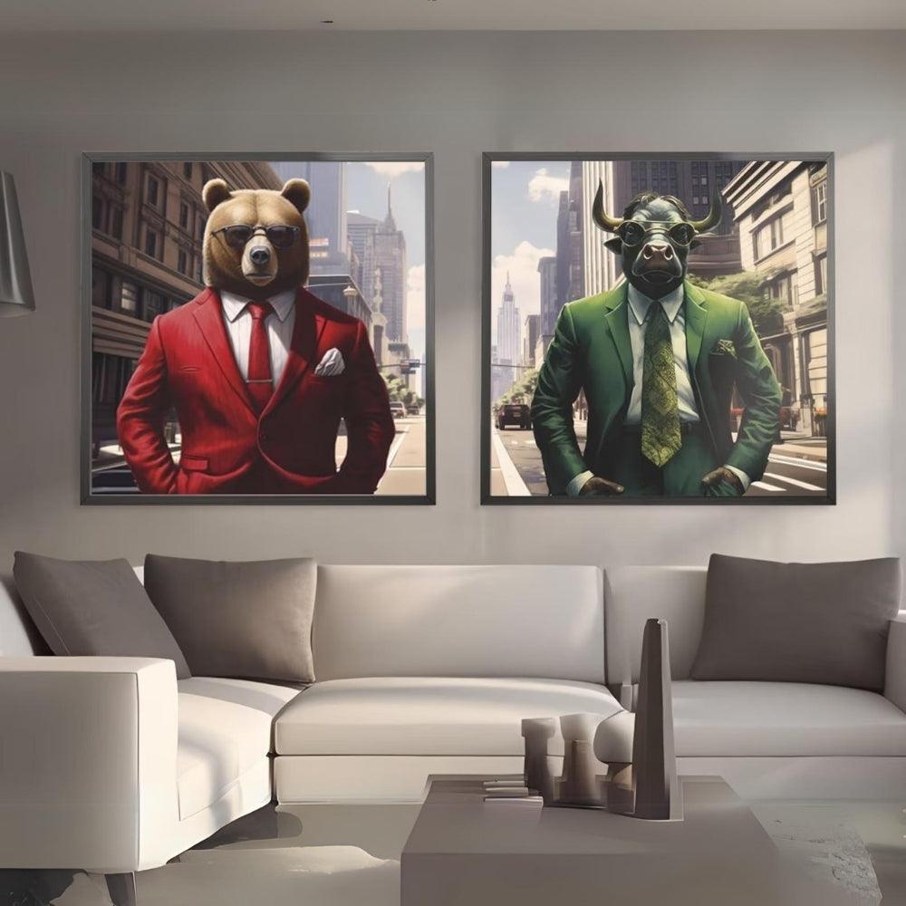 Bull and Bear Faces AI Wall Art- Set of 2