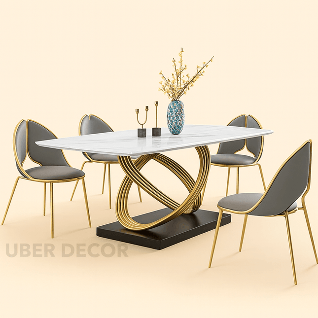 Eterna Loop Modern Luxury Marble Dining Set – Contemporary European with Custom Stone Top & Gold Accents for Dining Room or Formal Hall