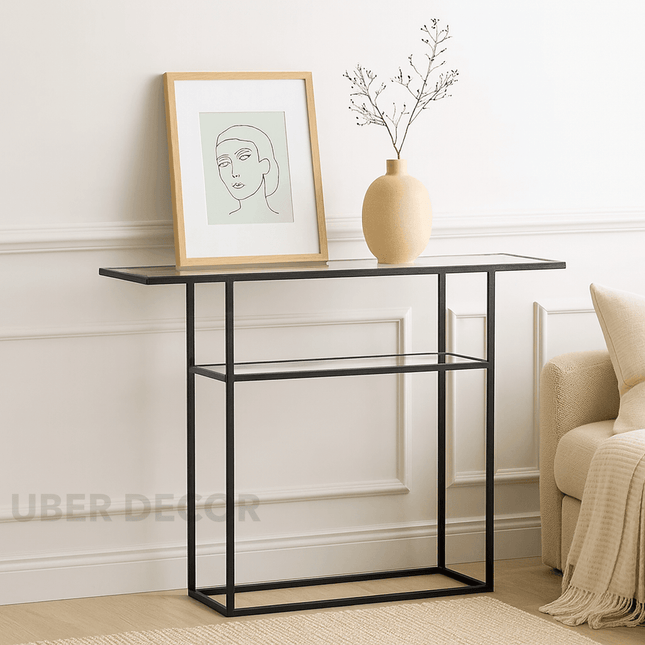 Slate Verge Industrial Chic Console Table – Clear Tempered Glass Top with Slim Matte Metal Frame for Entryway or Hallway