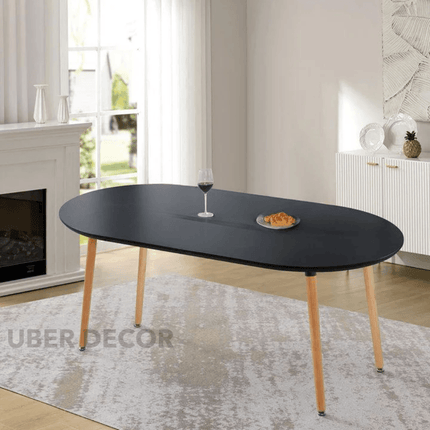 Nordelle Oval Dining Table Scandinavian Mid Century Modern Japandi Design Black Tabletop with Wooden Tapered Legs Dining Table for Dining Room