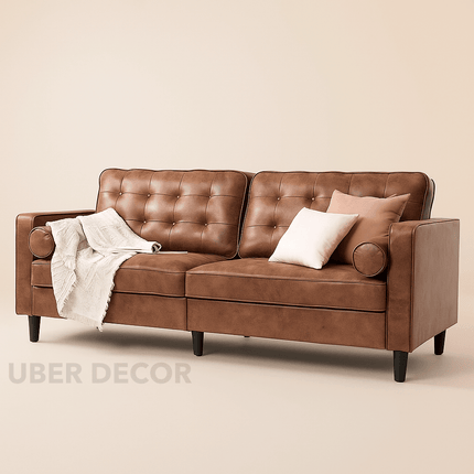 Montserra 84” Sofa- Mid-Century Tufted Textured Leather Sofa Couch for Living Room or Office