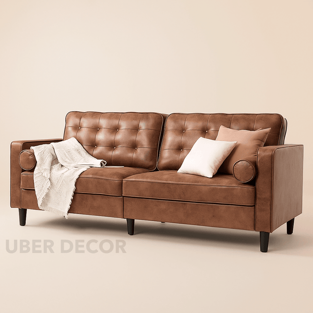 Montserra 84” Sofa- Mid-Century Tufted Textured Leather Sofa Couch for Living Room or Office