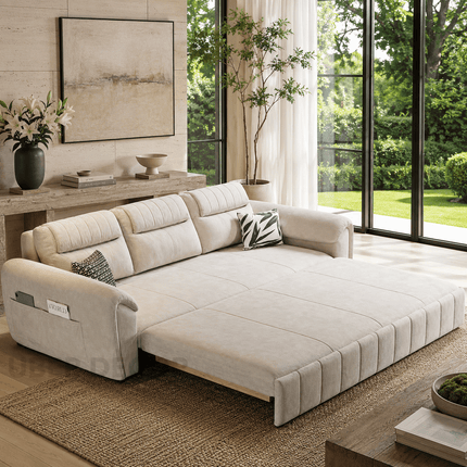 Dalian sofa bed – close-up of padded headrest and side pocket storage detail
