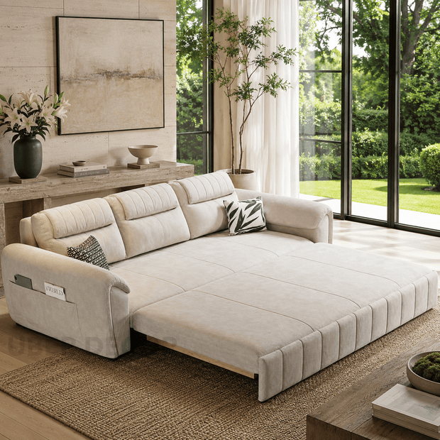 Dalian sofa bed – close-up of padded headrest and side pocket storage detail