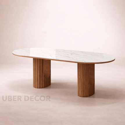 Ivory Hearth Oval Marble Top Dining Table Modern Contemporary Design with Fluted Wooden Pedestal Base for Dining Room