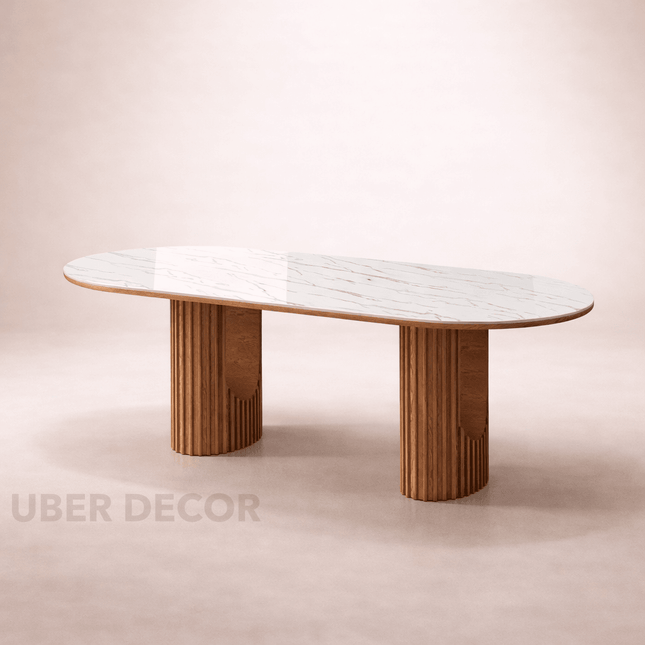 Ivory Hearth Oval Marble Top Dining Table Modern Contemporary Design with Fluted Wooden Pedestal Base for Dining Room