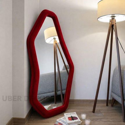 EdgeCraft Irregular Asymmetric Wall Mirror- Suede Velvet Upholstered Frame Fabric Mirror for Bedroom
