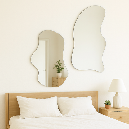 Wavy Elegance Set of 2 Frameless Asymmetric Mirrors- Unique Wavy Aesthetic Decorative Mirror for Living Room