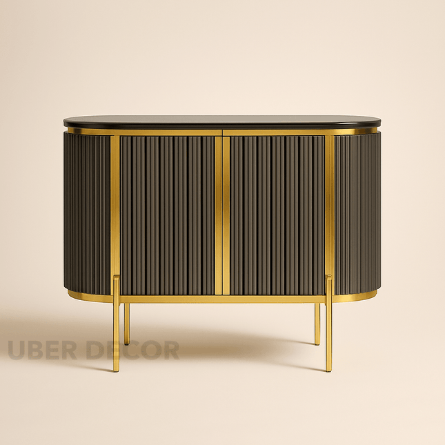 Odessa Entryway Table – Wood Cabinet with Gold Frame & Ribbed Doors Mid‑Century Modern Accent