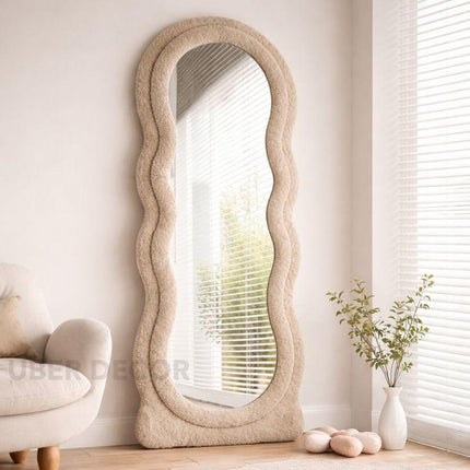 Wavy Symphony Upholstered Full-Length Bedroom Mirror- Modern Wavy Irregular Arched Mirror