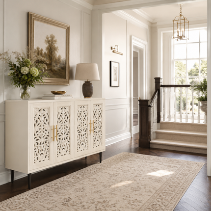 Aria Carve Mid Century Indian Solid Wood Cabinet – Handcrafted Floral Panels Ideal for Living Room, Dining Room & Entryway