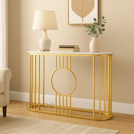 Astraform Console Table – Custom Marble Top with Gold Linear Frame Mid‑Century Modern Entryway Accent
