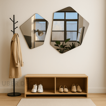 Geometric Frameless Wall Mirror Set of 2- Hexagon Shaped Abstract Modern Stylish Designer Mirrors for Wall Decor