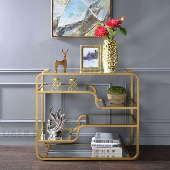 Solstice Wave Console Table – Glass-Top Entryway Console with Gold Finish Base for Living Room