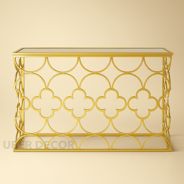Maison Marque Designer Console Table – Moroccan-Inspired Gold Mirror Console for Luxe Hallways & Living Spaces