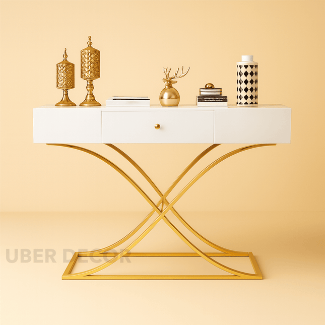 Domus Rise Display Table – White Drawer Top with Sculptural Gold Arch Base Mid‑Century Modern Accent