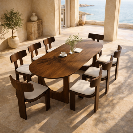 Waldenarc Oval Dining Table Mid Century Modern Scandinavian Japandi Design Wooden Finish Sculptural Panel Base Dining Table for Dining Room