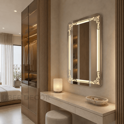 Arabella Ornate LED Mirror – Frameless Wall Hanging Mirror with Front or Back Lit for Vanity & Powder Room
