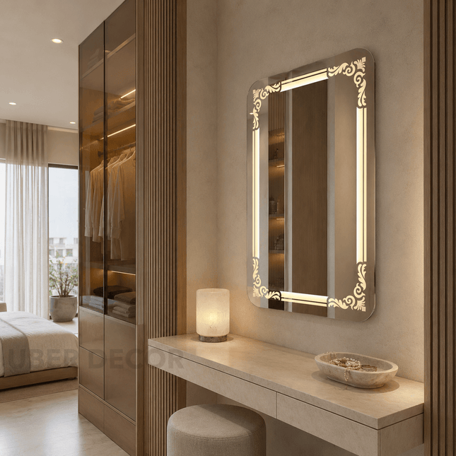Arabella Ornate LED Mirror – Frameless Wall Hanging Mirror with Front or Back Lit for Vanity & Powder Room
