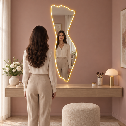 Silka Abstract Frameless LED Wall Hanging Mirror with Front or Back Lit for Bathroom Vanity and Modern Interiors