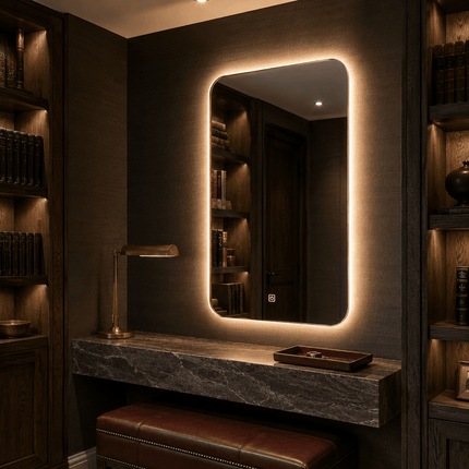 Arabella Ornate LED Mirror – Frameless Wall Hanging Mirror with Front or Back Lit for Vanity & Powder Room