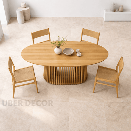 Kael Dining Table Japandi Scandinavian Design with Slatted Wooden Pedestal Base and Oval Top for Dining Room