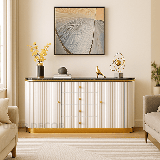 Celeste Grace Side or Console Table – Custom Marble Top with Fluted Cabinet & Metallic Trim Mid‑Century Modern Accent
