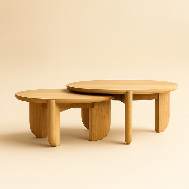 Ob Sculptural Mid Century Japandi Coffee Table – Organic Round Solid Wood Top with Cylindrical Legs – Timeless Designer Centerpiece for Living Room