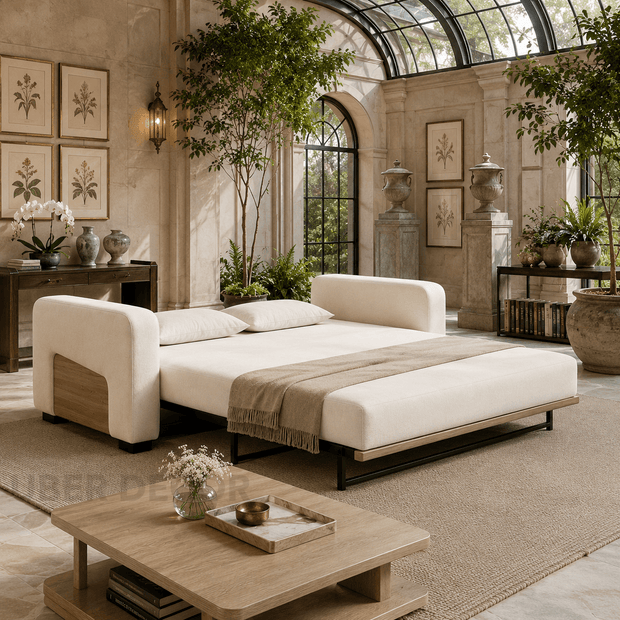 Akita wooden sofa bed – close-up of solid wooden side panel and Japandi frame detail