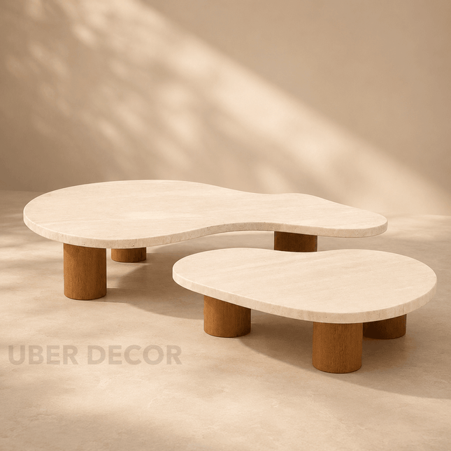 Beni Wabi-Sabi River Flow Japandi Coffee Table Set – Organic European Freeform Wooden Center Tables for Living Room