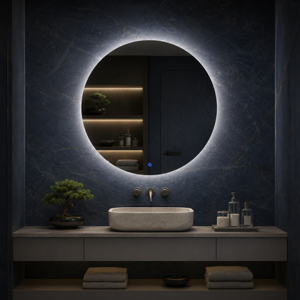 Kaelis Glow Round Mirror Front or Backlit with LED Lights- Touch Sensor Mirror for Bathroom and Bedroom