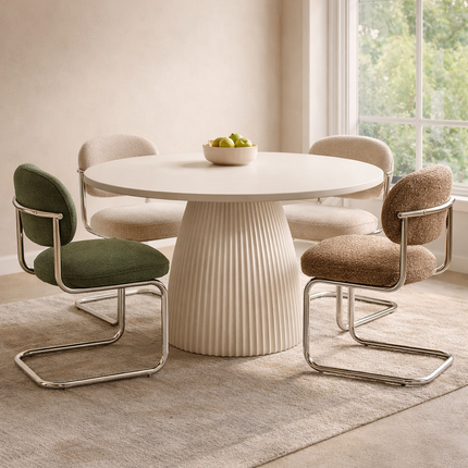 Belmoor Round Dining Table Sculptural Pedestal Design Mid Century Modern Japandi Inspired Fluted Base Dining Furniture for Dining Room