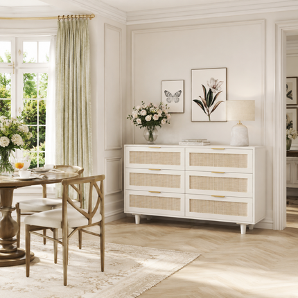 Bayshore 6-Drawer Scandinavian Rattan Front Solid Wood Cabinet with Natural Polish & Custom Finish Options for Bedroom, Living Room & Entryway