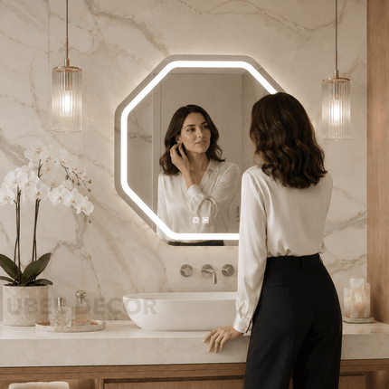 Savi Octagon Frameless LED Wall Mirror Available in Front or Back Lit for Bathroom Vanity and Modern Dressing Spaces