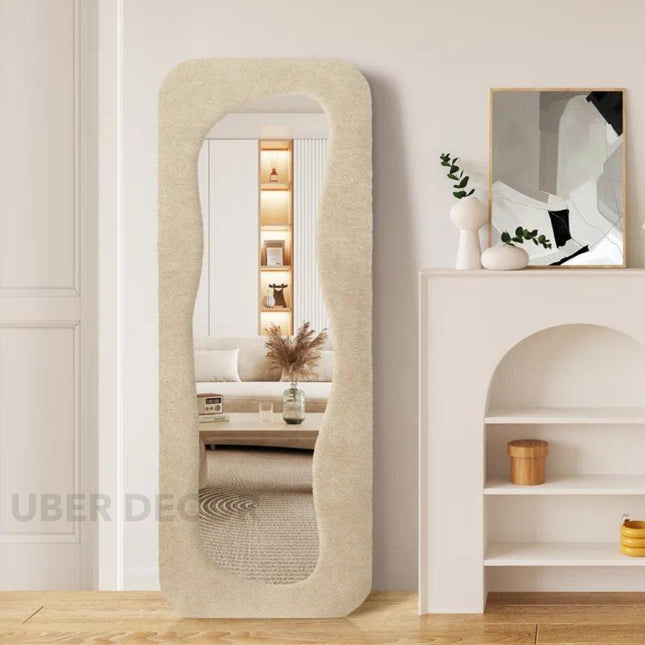 Soft Sculpt Boucle Full Length Dressing Mirror - Upholstered Modern Unique Standing Mirror for Bedroom