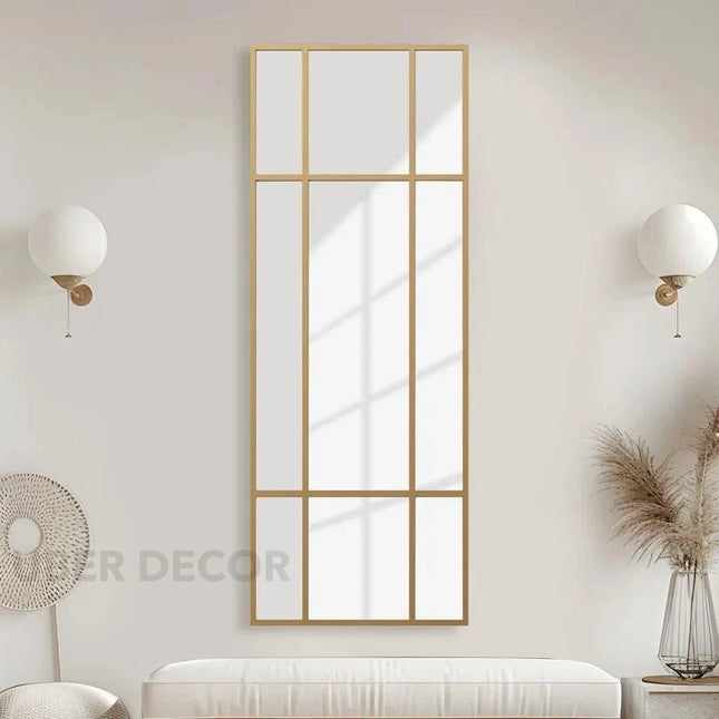 Vintage Windowpane Full Length Bedroom Floor Mirror- Window Shaped Metal Standing Mirror - Uber Decor