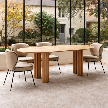 Kavon Oval Dining Table Architectural Column Design Mid Century Modern Scandinavian Inspired Solid Wood Legs Natural Finish Dining Furniture for Dining Room