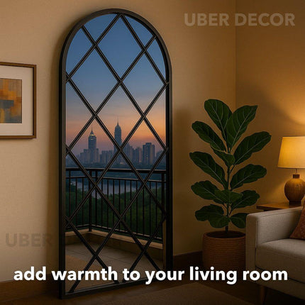 BevelCrest- Decorative French Country Window Grid Style Full Length Arched Wall Mirror for Living Room
