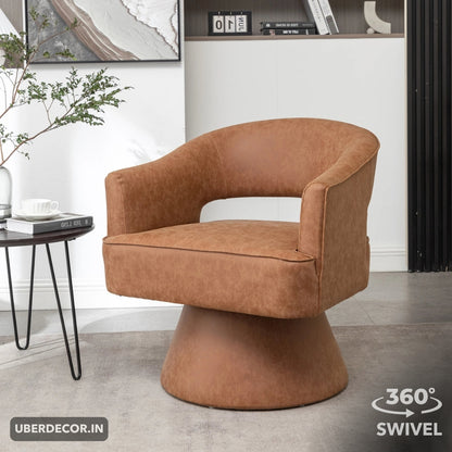 Ravelle- Modern U-Back Leather Accent Chair with Upholstered Round 360 Revolving Swivel Barrel Armchair for Living Room