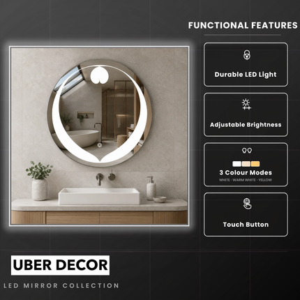 Amoura Heart Design led mirror- 3-colour front lit or backlit touch button LED frameless bathroom vanity mirror