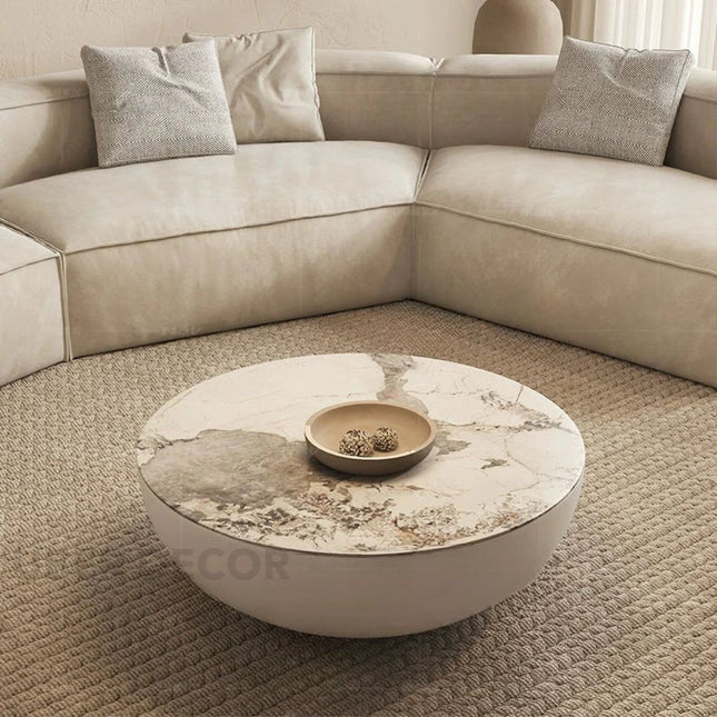 Hooghly Coffee Table, Minimalist Modern Japandi Round Seamless Matte White Low Profile Center Table for Living Room