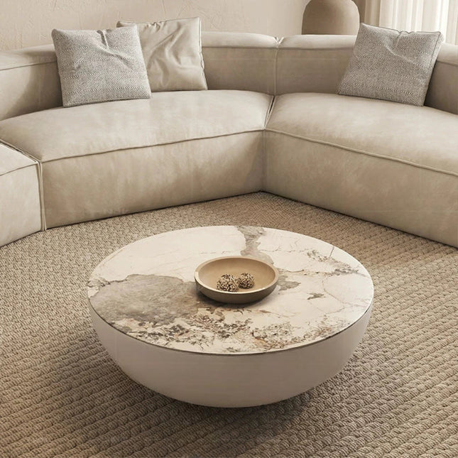Hooghly Coffee Table, Minimalist Modern Japandi Round Seamless Matte White Low Profile Center Table for Living Room