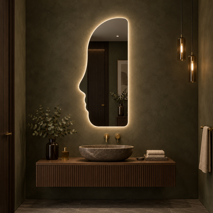 Persona Face Silhouette Frameless LED Wall Mirror with Front or Back Lit for Bedroom Vanity and Modern Interiors