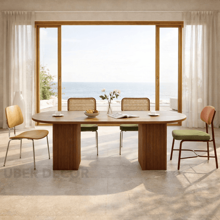 Elmspire Oval Dining Table Scandinavian Japandi Inspired Mid Century Modern Design Solid Wood Fluted Pedestal Base Ideal for Dining Room