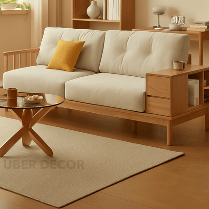 Denton Wooden Sofa with Storage Japandi Functional Couch for Living Room