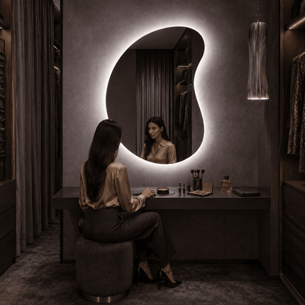 Solis Sculptural LED Wall Mirror in Frameless Design with Front or Back Lit for Vanity Bedroom and Modern Interiors